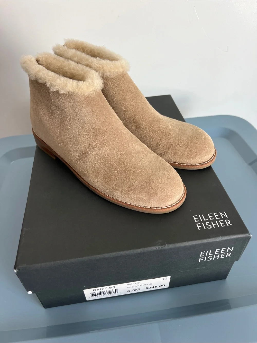 Eileen Fisher drift ankle boot booties biscuit sport suede leather tan shearling